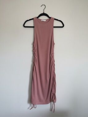 Zara Mauve Ribbed Knit Ruched Drawstring Mini Dress - Size Medium